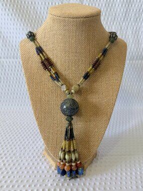 Multi-Color Beaded Tassel Necklace with Green Stone Pendant